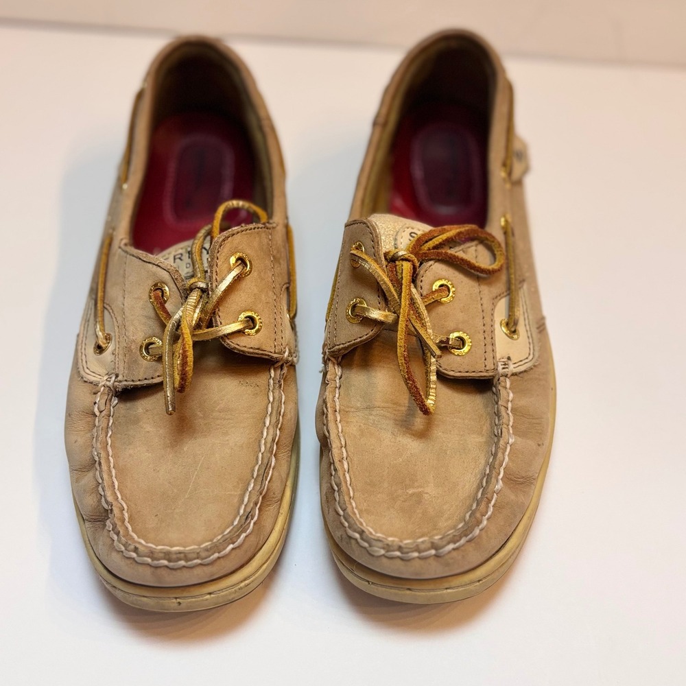 Sperry Top-Sider Women 9M Tan Leather Gold Metallic Boat Shoes boat Shoes Sperry - Picture 3 of 9